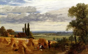 Harvesting Near Newark Priory, Ripley, Surrey by Frederick William Hulme Oil Painting