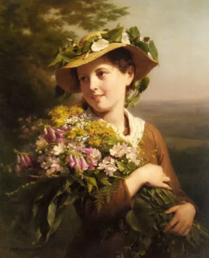 A Young Beauty Holding a Bouquet of Flowers by Fritz Zuber-Buhler Oil Painting