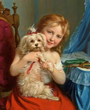 Young Girl with Bichon Frise by Fritz Zuber-Buhler Oil Painting