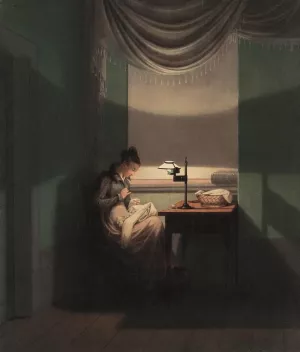 Young Woman Sewing by the Light of a Lamp by Georg Friedrich Kersting Oil Painting