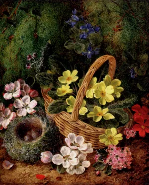 Apple Blossom And A Bird's Nest On A Mossy Bank by George Clare Oil Painting