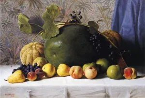 Watermelon, Cantaloupes, Grapes and Apples by George Hetzel Oil Painting