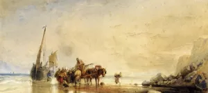 Figures Unloading Fishing Boats on Shore by George Howse Oil Painting
