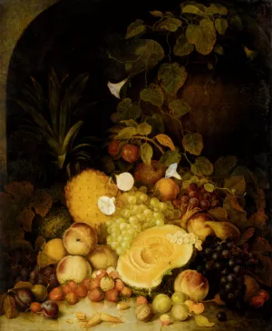 Still Life with Peaches, Plums, Strawberries and Tropical Fruits in an Architectural Miche by George Lance Oil Painting