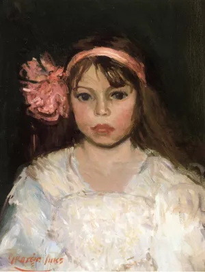 Girl with Pink Ribbon by George Luks Oil Painting