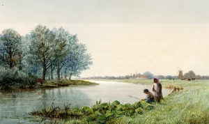 Children Playing By A River, A Village Beyond by George Stanfield Walters Oil Painting