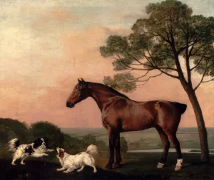 A Bay Hunter With Two Spaniels Oil painting by George Stubbs