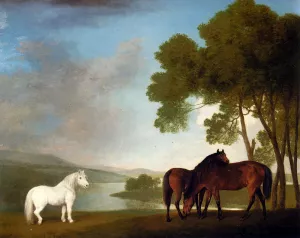 Two Bay Mares and a Grey Pony in a Landscape by George Stubbs Oil Painting