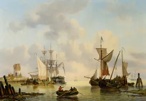 Sailing Vessels in a Calm by George Willem Opdenhoff Oil Painting