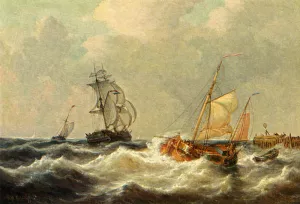 Sailing Vessels In Choppy Waters by George Willem Opdenhoff Oil Painting