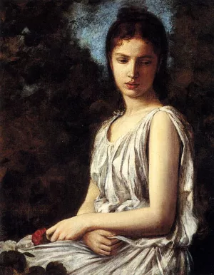 A Young Woman In Classical Dress Holding A Red Rose by Georges Bellanger Oil Painting