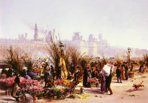 Le Marche Aux Fleurs A Paris by Georges Fraipont Oil Painting