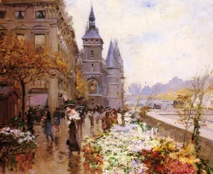 A Flower Market Along the Seine by Georges Stein Oil Painting