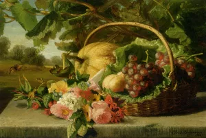 A Still Life with Flowers Grapes and a Melon by Geraldine Jacoba Van De Sande Bakhuyzen Oil Painting