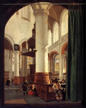 Interior of the Oude Kerk, Delft, with the Pulpit of 1548 by Gerard Houckgeest Oil Painting