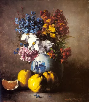 A Still Life with a Vase of Flowers and Fruit by Germain Theodure Clement Ribot Oil Painting
