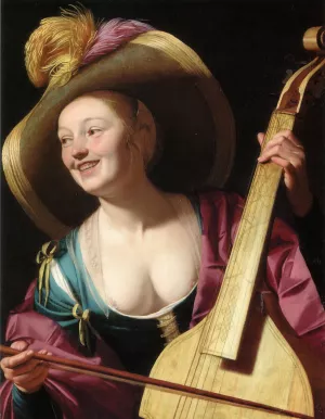 A Young Woman Playing a Viola da Gamba by Gerrit Van Honthorst Oil Painting