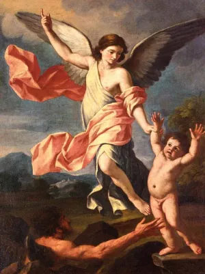 An Angel and a Devil Fighting for the Soul of a Child by Giacinto Gimignani Oil Painting