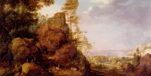 A Mountainous Landscape with a Rocky Outcrop by The Edge of a Wood, Goats and a Reindeer Resting by a Waterfall, a Village in an Extensive Landscape Beyond by Gillis Claesz D' Hondecoeter Oil Painting