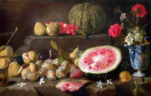Still Life with Fruit and a Vase of Flowers by Giovanni Battista Ruoppolo Oil Painting