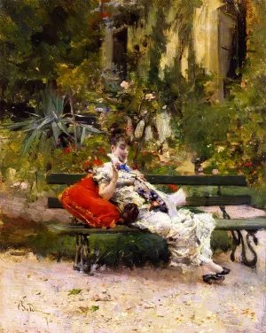 Berthe Sewing in the Garden by Giovanni Boldini Oil Painting