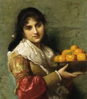 A Young Italian Beauty with a Plate of Oranges by Giovanni Costa Oil Painting