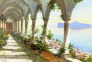 A Colonnade Overlooking the Isle of Capri Oil Painting by Girolamo Gianni - Bestsellers