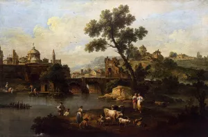 Landscape with River and Bridge by Giuseppe Zais Oil Painting