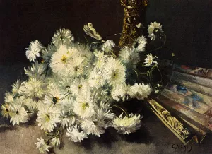 A Still Life With Chrysanthemums And A Fan by Guillaume Vogels Oil Painting