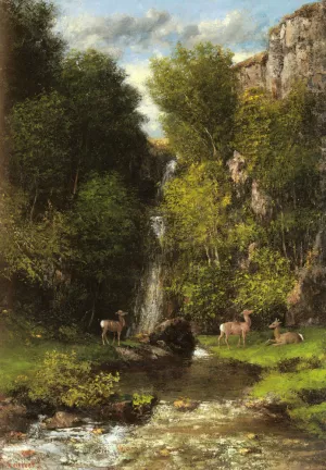 A Family of Deer in a Landscape with a Waterfall by Gustave Courbet Oil Painting
