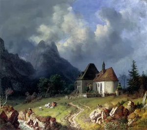Das Kirchlein von Hinterriss, Im Hintergrund das Wettersteingebirge by Heinrich Burkel Oil Painting