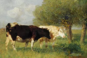Two Cows in a Meadow by Heirich Von Zugel Oil Painting