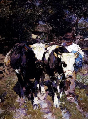 Two Harnessed Calves by Heirich Von Zugel Oil Painting