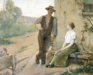 Peasant Couple in Farmyard by Henri Adriene Tanoux Oil Painting