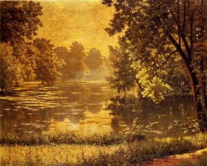 A Wooded River Landscape by Henri Biva Oil Painting