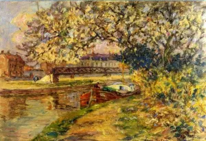 Canal Boat with Flowering Tree by Henri Duhem Oil Painting
