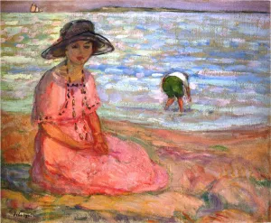A Girl in a Pink Robe by the Sea by Henri Lebasque Oil Painting