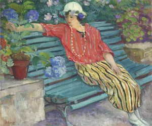 Young Woman Seated with Hydrangeas by Henri Lebasque Oil Painting