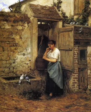 Peasant Girl and Doves by Henry Mosler Oil Painting