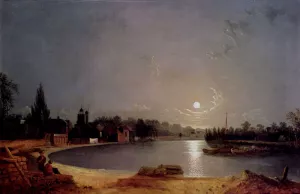The Thames At Moonlight, Twickenham by Henry Pether Oil Painting