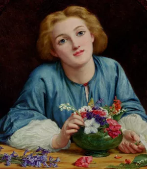 A Young Girl Arranging A Bouquet by Henry Wallis Oil Painting