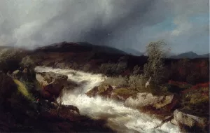 Fisherman by a Waterfall by Herman Herzog Oil Painting