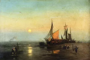 Moonlit Fishing Scene by Herman Herzog Oil Painting