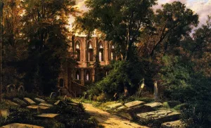 Cemetery by a Ruined Gothic Church by Herman Lungkwitz Oil Painting