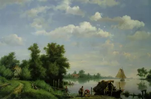 Figures by a Boat on a Lake by Hermanus Jr. Koekkoek Oil Painting