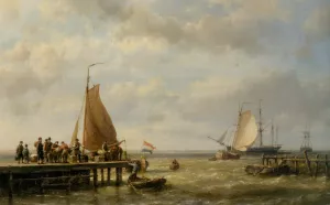 Provisioning a Tall Ship at Anchor by Hermanus Jr. Koekkoek Oil Painting