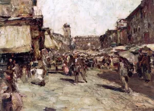 Market Scene by Lewis E. Herzog Oil Painting