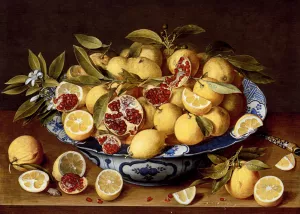 A Still Life Of A Wanli Kraak Porcelain Bowl Of Citrus Fruit And Pomegranates On A Wooden Table by Jacob Van Hulsdonck Oil Painting