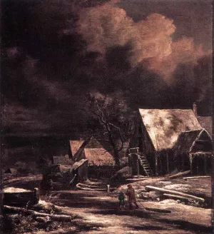 Village at Winter at Moonlight by Jacob Van Ruisdael Oil Painting