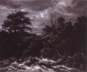 Waterfall by a Church by Jacob Van Ruisdael Oil Painting